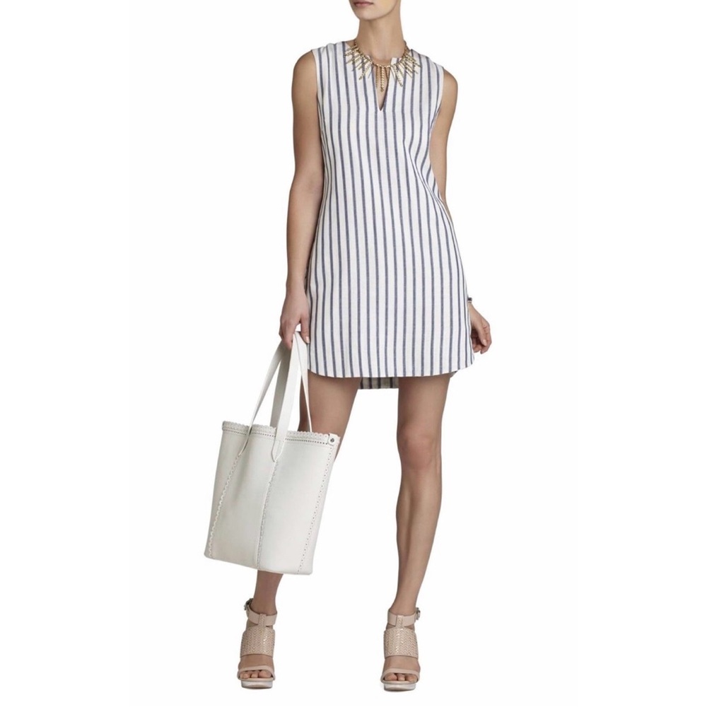 BCBGMaxAzria White and Navy Vertical-Stripe Sleeveless Mini Dress